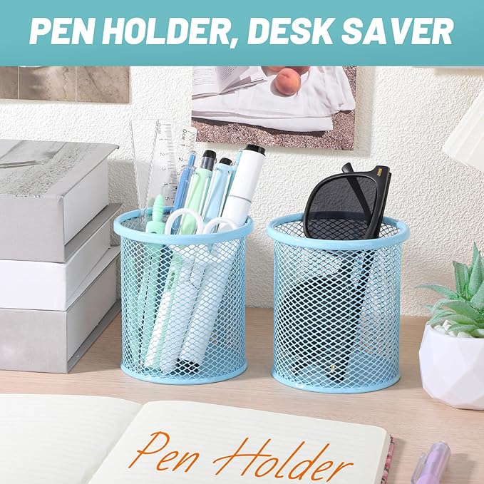 Segarty Pencil Holder, 3 Pack Light Blue Pen Holder, Pencils Cups for Desk, Round Mesh Pens Container Organizer for Office Supplies, School Classroom, Makeup Brush, Home Storage