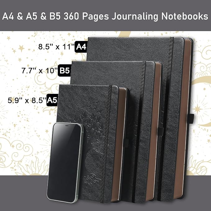 ZXHQ A5 360 Pages Lined Journaling Notebooks with Pen, Journals for Women Men Writing Notebook, Tree of Life Design, Brown Edge Fine Inner Pocket - Black