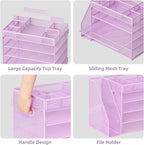 Marbrasse 5-Tier Desk Organizer with File Holder,Paper Letter Tray Organizer,Desktop File Organizer with Adjustable Compartments,Mesh Desk Organizers and Accessories for Office Supplies,Purple