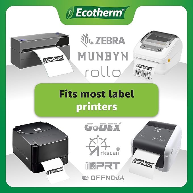 4" x 1.5" Thermal Labels | 6 Rolls | 10800 Labels | fits Zebra, Munbyn, Rollo, Godex, Arkscan, iDPRT, Offnova Thermal Label Printers and More | Blank White Adhesive Stickers by Ecotherm