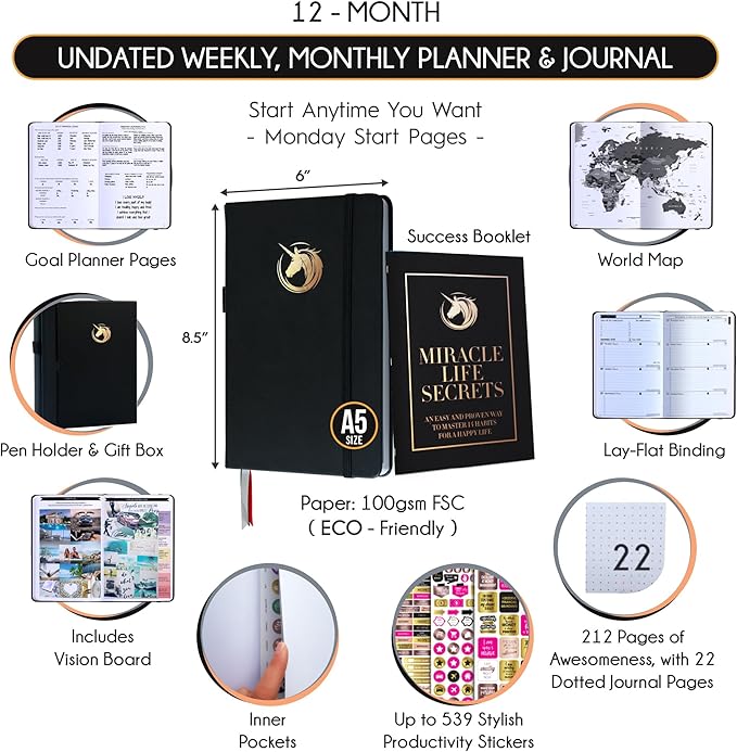 Life Planner - Undated Daily, Weekly & Monthly Planner with Budget Section | A 12 Month Journey to Increase Productivity & Happiness | Life Organizer & Gratitude Journal - Horizontal Format