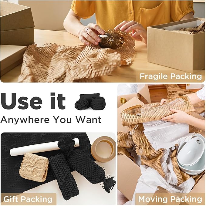 Honeycomb Packing Paper, 12"x400' Black | Perforated Honeycomb Packing Paper Recyclable Moving Supplies for Shipping & Moving | Plastic-Free Alternative to Bubble Cushion Wrap with 36 Fragile Stickers