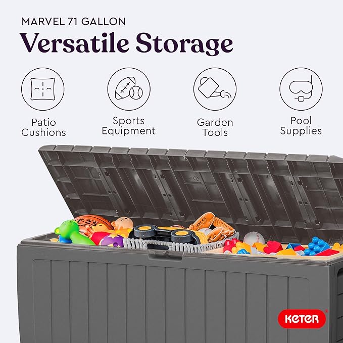 Keter Marvel Plus 71 Gallon Resin Deck Box-Organization and Storage for Patio Furniture Outdoor Cushions, Throw Pillows, Garden Tools and Pool Floats, Light Grey