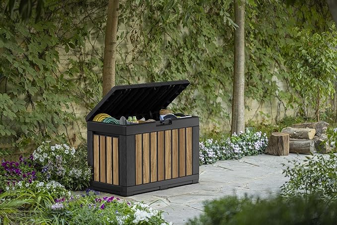 Keter Signature Collection 50 Gallon Resin Deck Box Organization and Storage Box for Patio Outdoor Cushions, Throw Pillows, Garden Tools and Pool Supplies, Oakridge