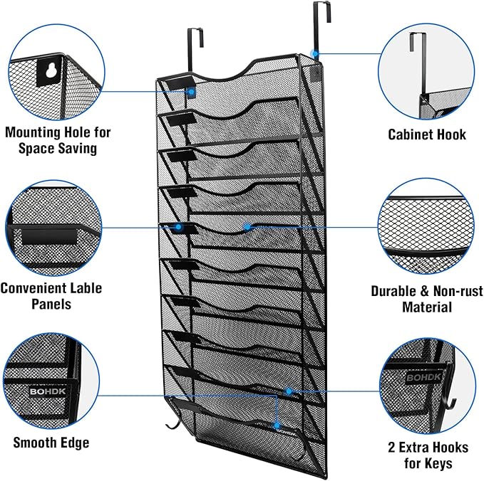 Wall File Organizer, 10 Tire Hanging File Folder Mail Organizer, Vertical Mesh Metal Door/Wall Mount Hanging File Holder, Paper Document Magazine Rack with Hooks for Home Office Black