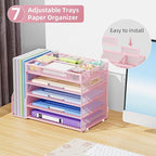 Marbrasse 5-Tier Desk Organizer with File Holder,Paper Letter Tray Organizer,Desktop File Organizer with Adjustable Compartments,Mesh Desk Organizers and Accessories for Office Supplies,Pink
