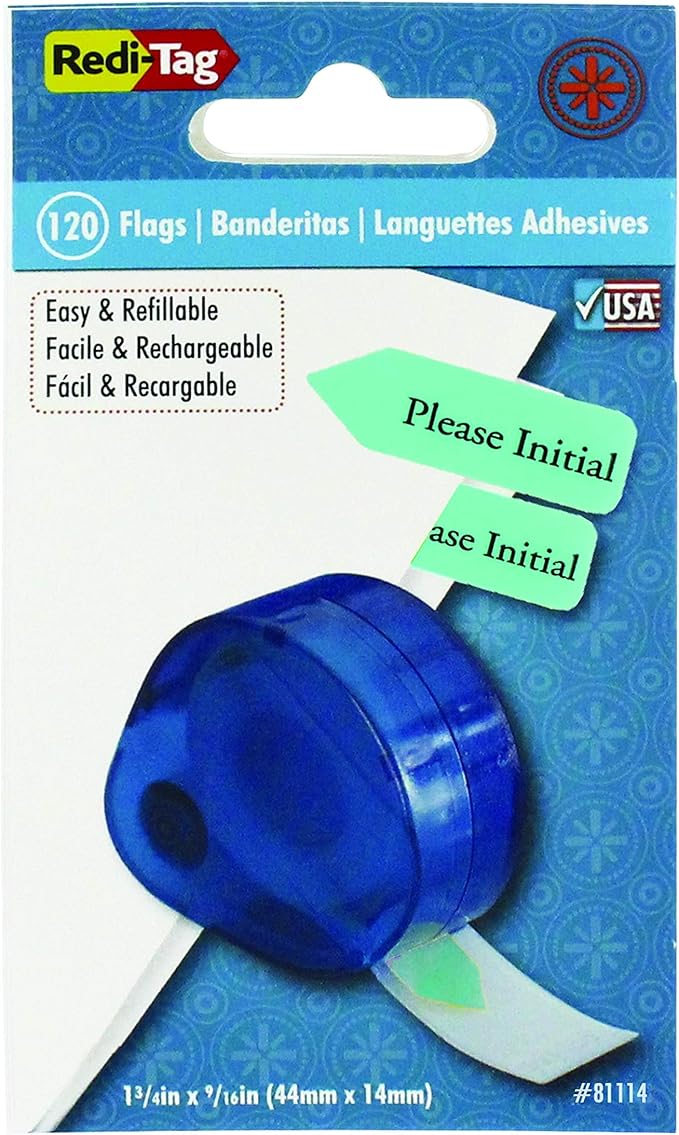 Redi-Tag "Please Initial" Printed Arrow Dispenser Flags, 120 Flags per Dispenser, Mint Adhesive Reminders, 1-3/4" x 9/16" (B81114)