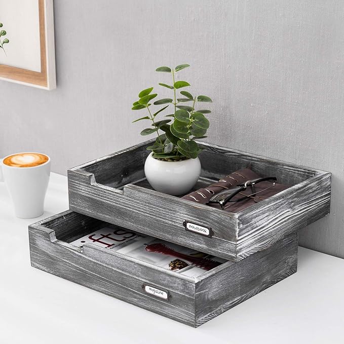 Set of 2 Ash Gray Wood Office Desktop Document Letter Paper Trays, Stackable Decorative Multipurpose File Organizer