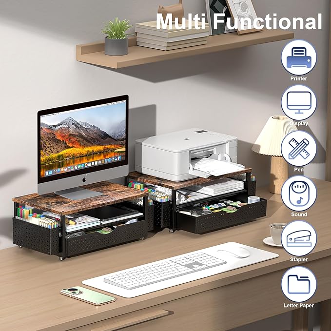 Desk Organizer and Accessories, Computer Monitor Stand Riser with Drawer and 2 Pen Holders, Office Desk Accessories & Workspace Organizers for Office Supplies (Wood)