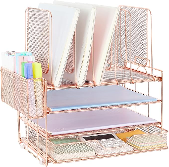 Desk Organizer with 5 Vertical File Holders, 3-Tier Paper Organizer and Drawer, Desk Accessories in Rose Gold