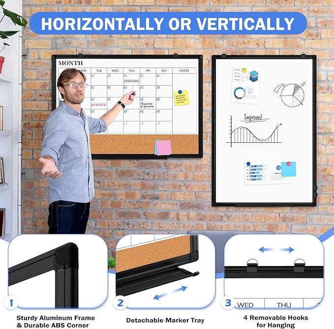 Monthly Calendar Whiteboard Dry Erase Cork Board Combo, 24" x 18" Magnetic Double-Sided Calendar White Board and Bulletin Board with Black Aluminium Frame, Portable Whiteboard for Office, Home, School