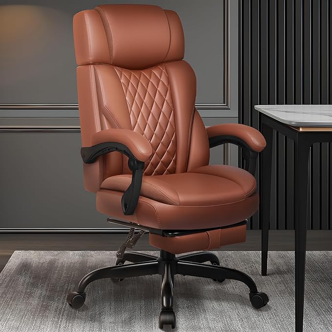 Executive Leather Office Chair, Big and Tall Office Chair with Footrest Home Office Desk Chairs, Ergonomic Computer Desk Chair with Lumbar Support, Reclining Office Chairs with Adjustable Angle