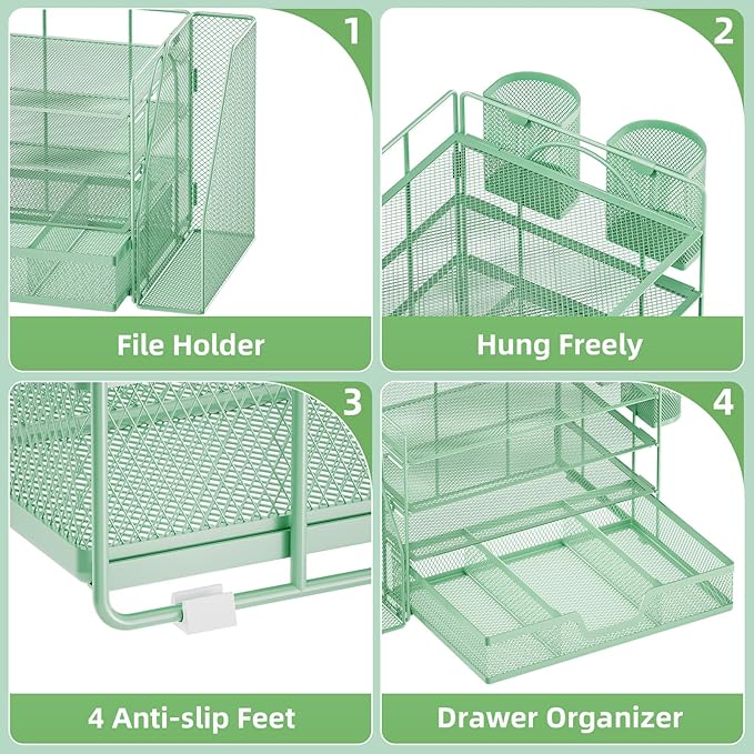 Marbrasse Desk Organizer and Accessories，4-Tier Paper Letter Tray Organizer with File Holder, Desk Accessories & Workspace Organizers with Drawer and 2 Pen Holder (Green, 15.4" x 9.1" x 8.3")