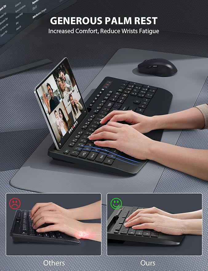 Wireless Keyboard and Mouse Combo 2 Pack - Full-Sized Ergonomic Keyboard with Wrist Rest, Phone Holder, Sleep Mode, Silent 2.4GHz Cordless Keyboard Mouse Combo for Computer, Laptop, PC, Mac, Windows