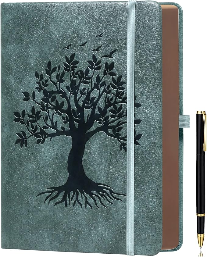 ZXHQ B5 360 Pages Lined Journaling Notebooks with Pen, Journals for Women Men Writing Notebook, Tree of Life Design, Brown Edge, Fine Inner Pocket - Grey