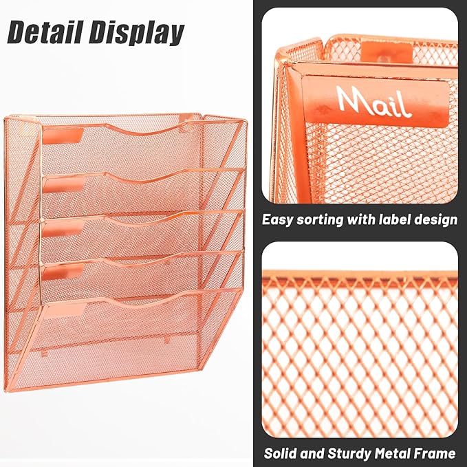 EASEPRES 5 Pocket Mesh Hanging Wall File Organizer, Wall Mounted Mail Paper Document Folder Holder, Clipboard Storage Organization Magazine Rack with Nametag Label for Office Home School, Rose Gold