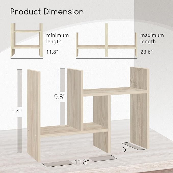 Jerry & Maggie Desktop Organizer Office Storage Rack Adjustable Wood Display Shelf Free Style Double H, Multi-Functional Mini Bookshelf for Desk Natural Stand (White Wood Tone)