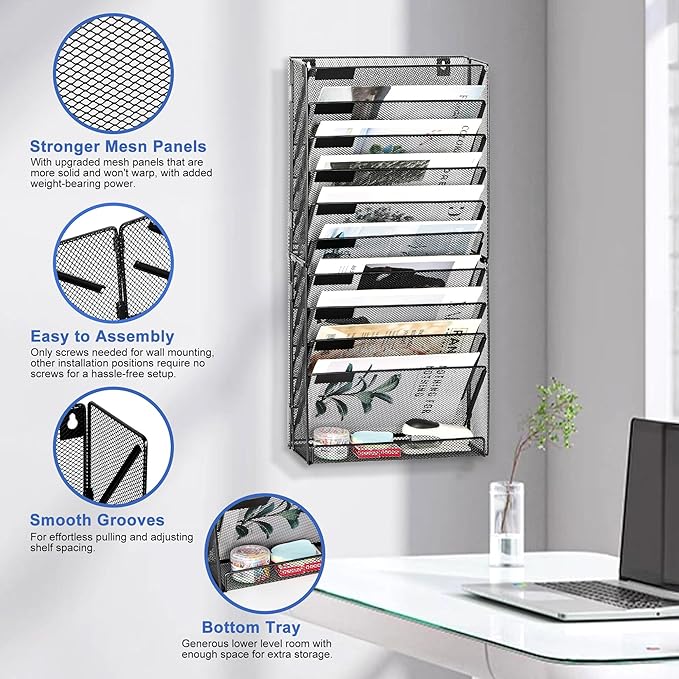 EasyPAG 11 Tier Wall File Holder with Flat Tray, Black | Easy Assemble Mesh Desk File Organizer | 10-Folder Paper Storage | Replaceable Classify Labels | Space Saving Mail Organizer for Office Home
