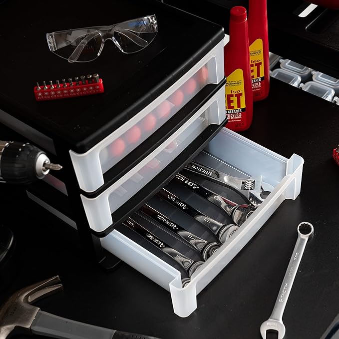 IRIS USA Plastic Stacking Desk Top 3-Drawer Storage Organizer, 1-Pack, for Makeup Vanity Nail Polish Bathroom Stationery Art Craft Supplies Kitchen Office Garage and Small Organization, Medium, Black