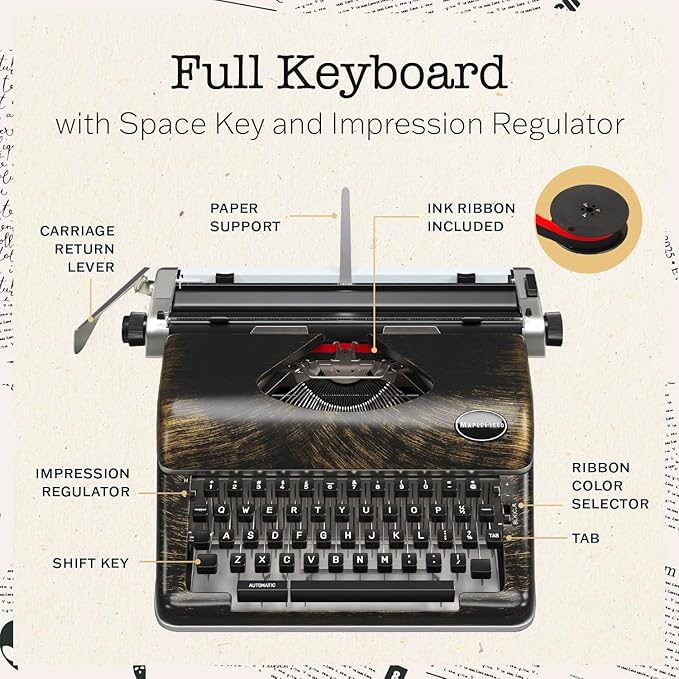 Maplefield Vintage Manual Typewriter - Bronze, Fits Standard 8 x 11 in Sheets - Antique-Style Functional Retro Portable Design & Easy Setup for Home & Office Decor