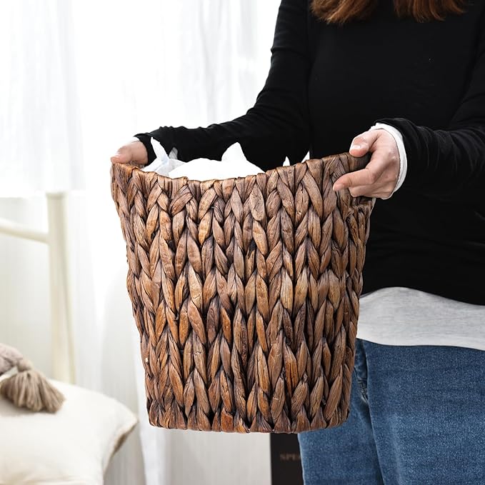 FairyHaus Wicker Waste Basket with Handle, Hand-Woven Water Hyacinth Trash Can for Bathroom Bedroom, Brown Wicker Storage 13 x 7.5 x12.2
