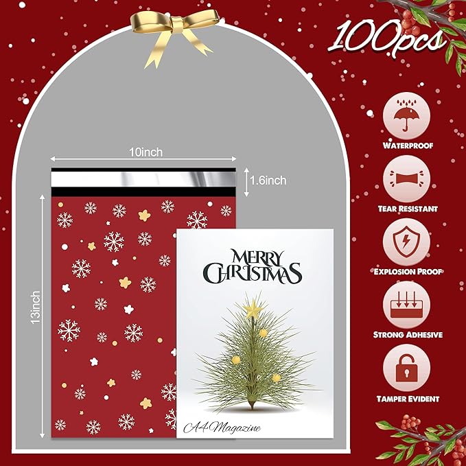 Christmas Poly Mailer 10x13 Inch 100 Pcs, Waterproof Shipping Bags for Clothing, Tear-Resistant Mailier Bags, Strong Mailing Bags with Self-Seal - Red Merry Christmas
