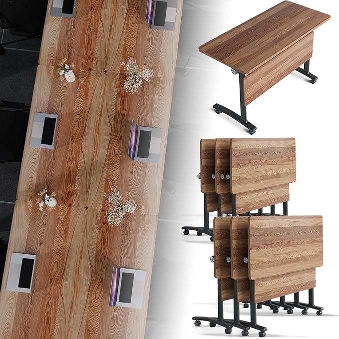 Folding Conference Room Table, Modern Conference Tables with Silent Wheels, Large Rectangular Mobile Training Tables for Office Classroom, Foldable Modular Boardroom Seminar Table (6pack L55.1in)