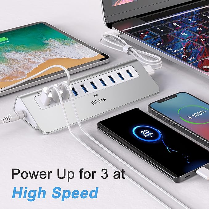Powered USB Hub 10Gbps, 10 Port USB 3.1 Gen 2 Hub with 7 USB 3.1 Data Ports, 3 Fast Charging Ports, 36W Power Adapter, Type A and Type C Cable, Aluminum USB Data Hub for Mac, PC, Laptop
