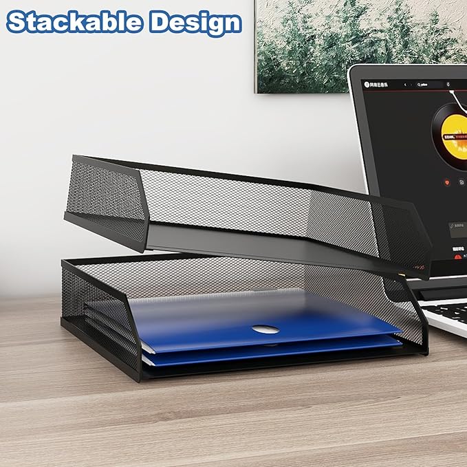 Natwind 2-Tier Stackable Paper Tray, Metal Mesh Desktop Organizer, A4 Desk Organizer, Stackable Letter Trays,File Folder Sorter Organizer with Sliding Tray for Home, Office, School (Black)