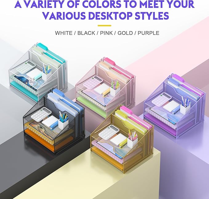 Samstar Purple Desk File Organizer, Mesh Letter File Folder Holder with 3 Paper Trays and 2 Vertical Upright Section, for Office Supplies, Desk Accessories & Workspace, Purple