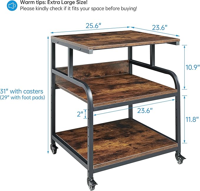 23.6" Deep Extra Large Printer Stand, 3 Tier Printer Table with Adjustable Storage Shelf, Rolling Printer Cart with Industrial Wheels for Home Office, Rustic Brown