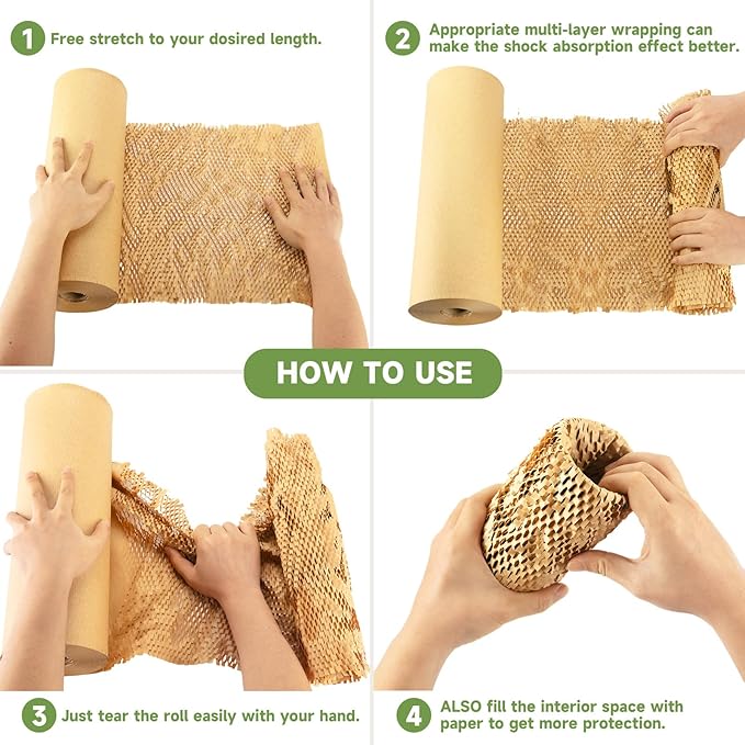 Honeycomb Packing Paper Wrap 15''x20520" (1710 ft), Substitute Alternative for Bubble Cushioning Wrap for Moving Shipping Packaging, Recyclable Moving Supplies with 48 Fragile Sticker Labels