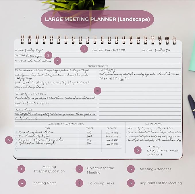 | Meeting Notebook for Work | 8.25" x 11.75" | Project Planner | Simple Design | Multiple Layouts | Office and Business Planner (Pink, Meeting Planner - Landscape)