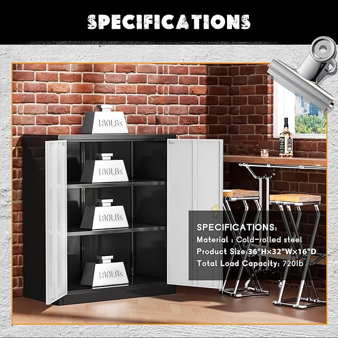 Greenvelly Metal Garage Storage Cabinet, Lockable Metal Cabinets with 2 Doors and Shelves,36” Steel Storage Locking Counter Cabinet for Office,Garage,Kitchen,Home,School(Black Grey)