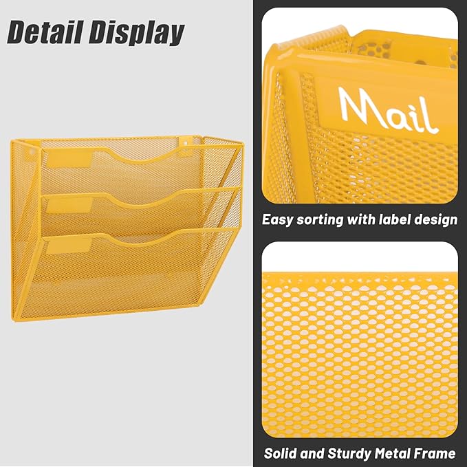 EASEPRES 3 Pocket Mesh Hanging Wall File Organizer, Wall Mounted Mail Paper Document Folder Holder, Clipboard Storage Organization Magazine Rack with Nametag Label for Office Home School, Yellow