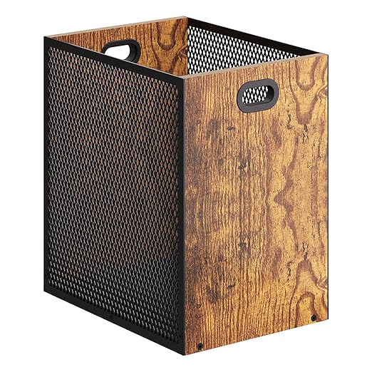 Retro Office Trash Can, Iron and Wood Combination Bedroom Garbage Can, Rectangular Design Wastebasket with Handle, Industrial Style Trash Can for Home Office, 4.5 Gallon (Patent Pending)