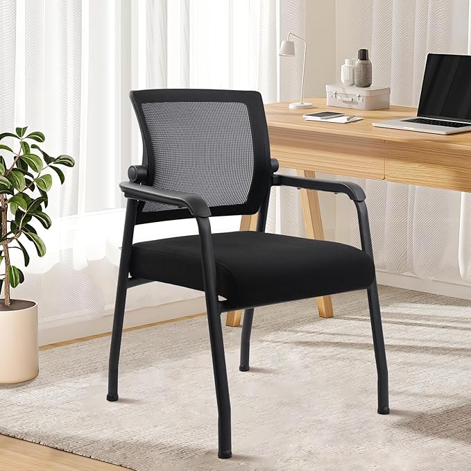 Desk Chair No Wheels with Adjustable Mesh Backrest, Arm Chair with Ergonomic Lumbar Support and Thickened Seats Cushion, Waiting Room Chairs for Office School Church Guest Reception