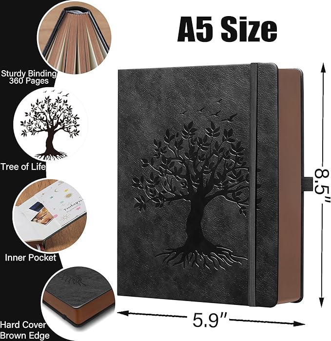 ZXHQ A5 360 Pages Lined Journaling Notebooks with Pen, Journals for Women Men Writing Notebook, Tree of Life Design, Brown Edge Fine Inner Pocket - Black