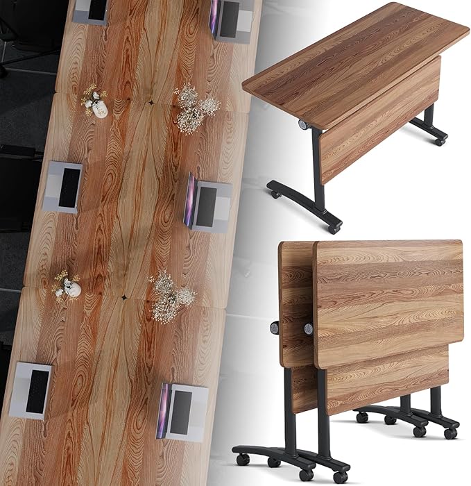 Folding Conference Room Table, Modern Conference Tables with Silent Wheels, Large Rectangular Mobile Training Tables for Office Classroom, Foldable Modular Boardroom Seminar Table (2pack L63in)