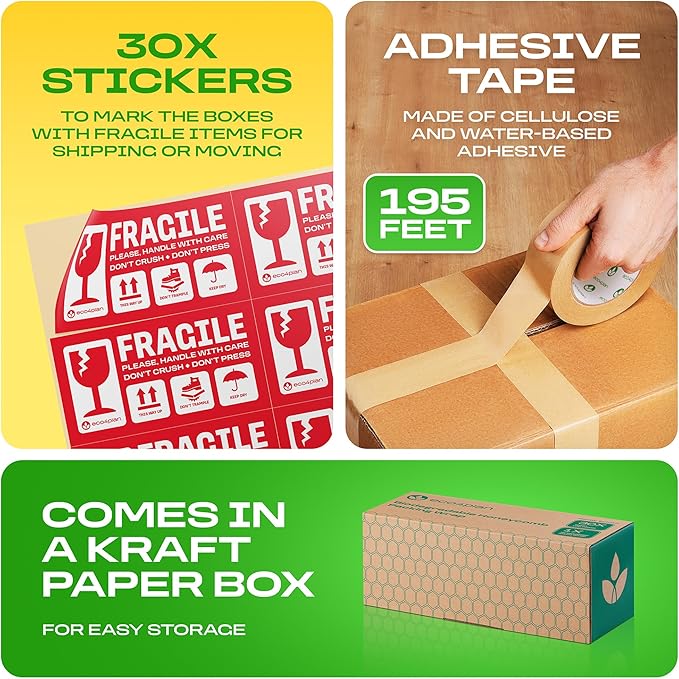 Honeycomb Packing Paper | Extra Thick 90 GSM Packing Wrap | Biodegradable Packing Materials: 12” x 200’ Moving Paper + 195’ Cellulose Adhesive Tape + 30 Fragile Stickers | Paper Bubble Wrap
