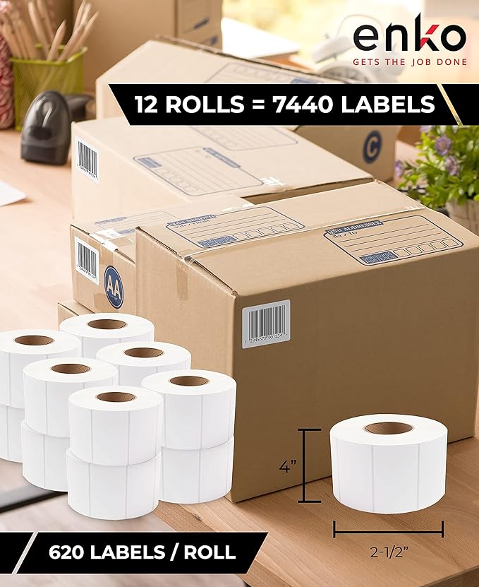 enKo [12 Rolls, 7440 Labels] 4 x 2-1/2 inches Direct Thermal Labels, FBA Stickers, FNSKU Label Compatible for Zebra/Eltron