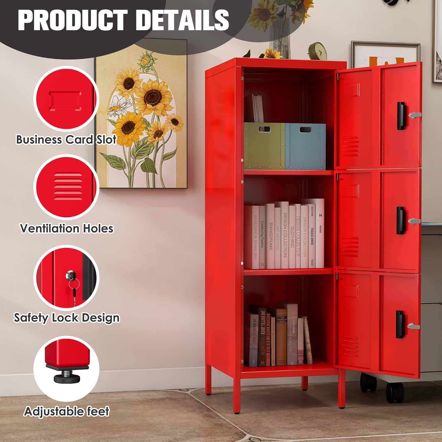 Metal Storage Locker with Ventilation Holes, Metal Storage Locker with Lock and Card Slof for Children Room, School, Office, Home,47.3" H x 15.8" W x 15.8" D,Assembly Required,Red