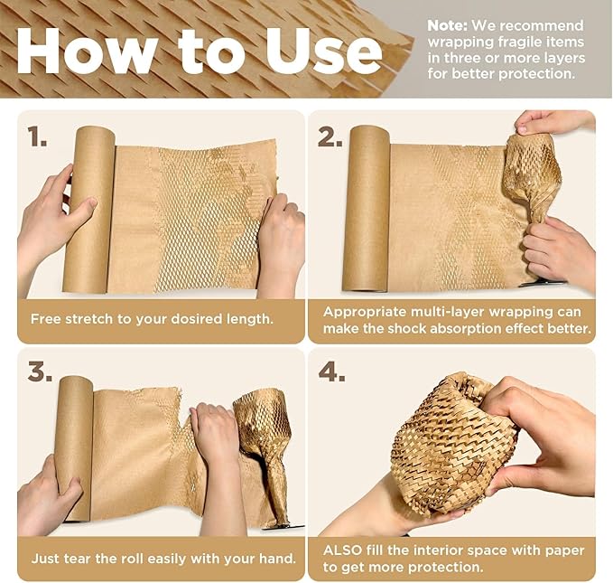 Honeycomb Packing Paper, 12"x100' Brown | Perforated Honeycomb Packing Paper Recyclable Moving Supplies for Shipping & Moving | Plastic-Free Alternative to Bubble Cushion Wrap with 36 Fragile Stickers