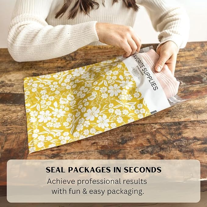 Poly Mailers 10x13 Inch 500 Pack Medium Shipping Bags Strong Thick Mailing Envelopes | Self Sealing Adhesive | Waterproof & Tear Resistant | Small Business Packaging - Floral Mustard Yellow