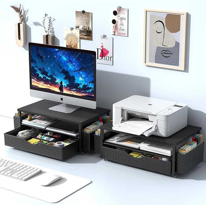 Desk Organizer and Accessories, Computer Monitor Stand Riser with Drawer and 2 Pen Holders, Office Desk Accessories & Workspace Organizers for Office Supplies (Black)