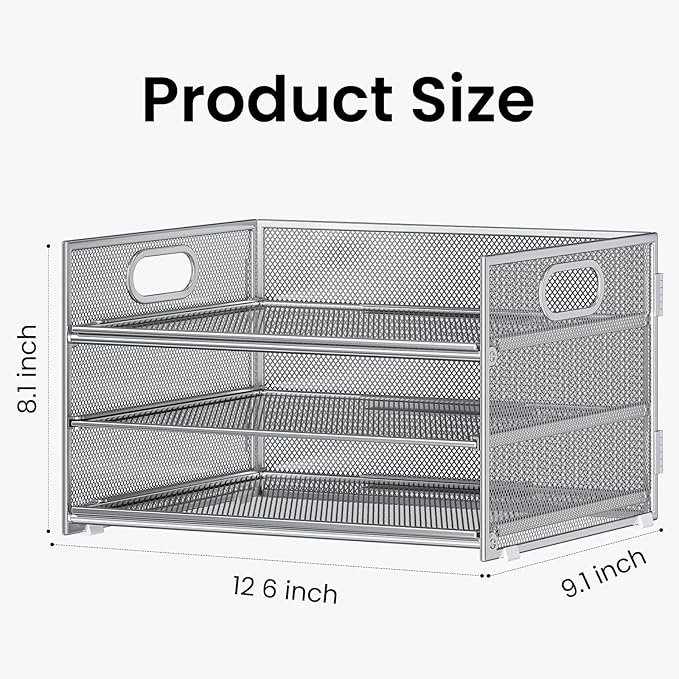 Subekyu 2-Pack 3-Tier Silver Metal Mesh Desk Paper Letter Tray & File Sorter Organizer with Handle + 1 Sliding Tray for Desk, Home, Office, School Supplies, A4 Paper and Accessories Storage