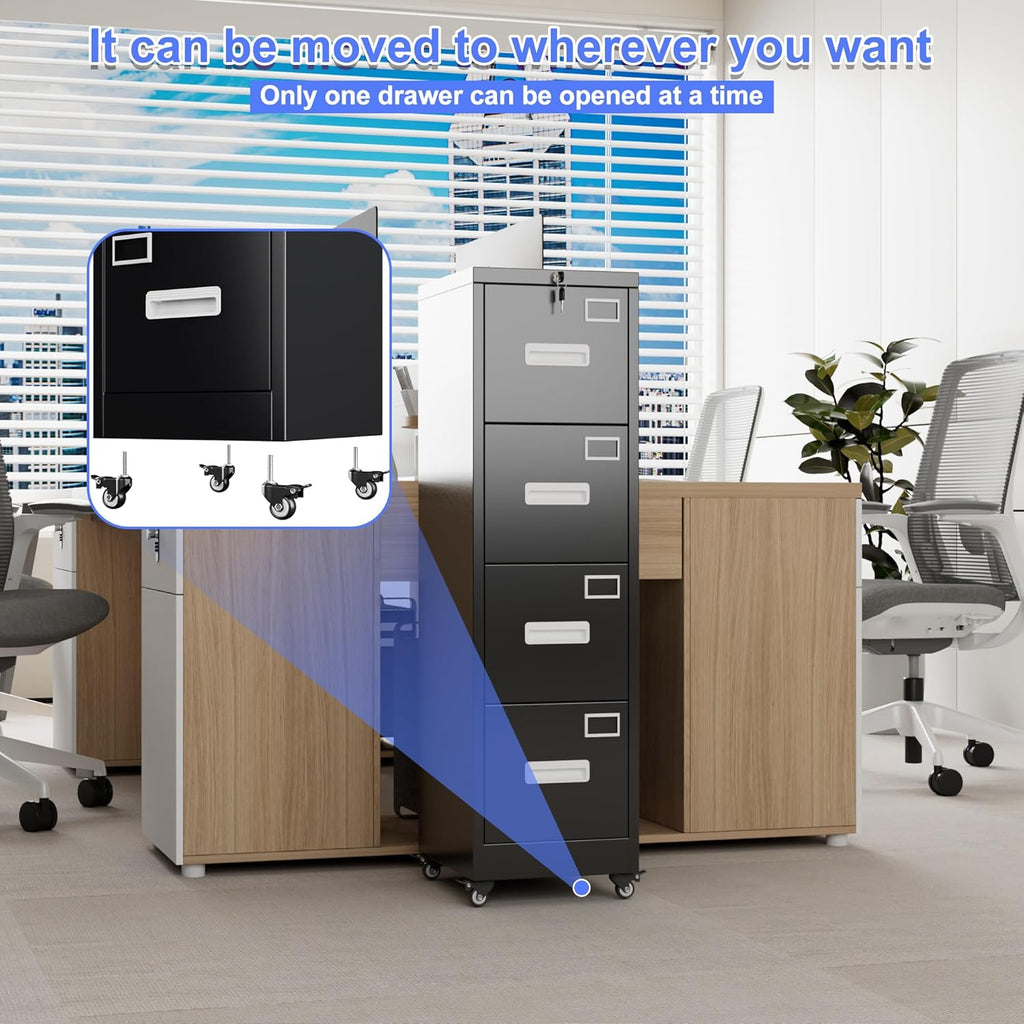 METAN 4 Drawer Vertical File Cabinet on Wheels, Lockable Office Files Storage Cabinet with Handle and Name Card,Mobile Storage Cabinet for Office and Home,Assembly Required,Black