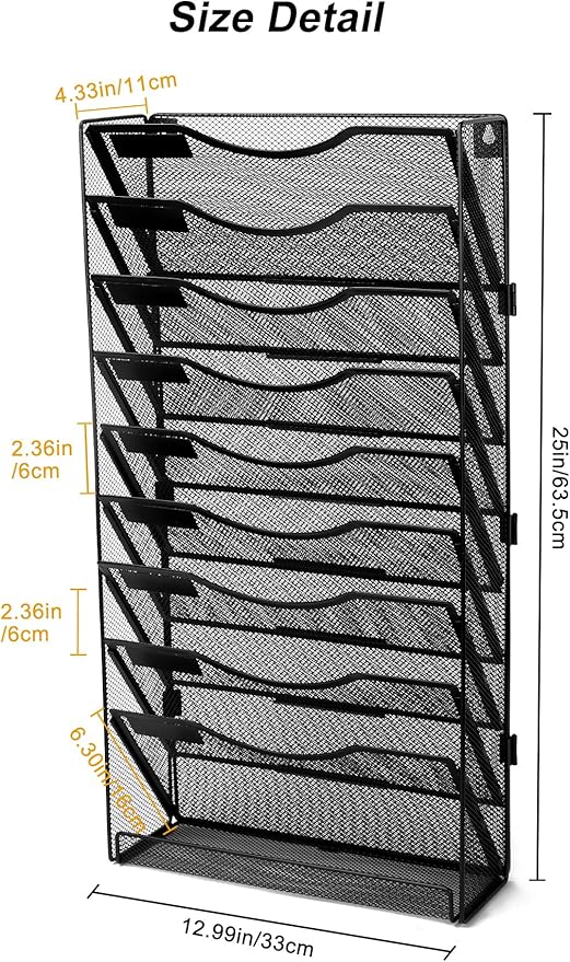 EasyPAG 10 Tier Wall File Holder with Flat Tray, Black | Easy Assemble Mesh Desk File Organizer | 9-Folder Paper Storage | Replaceable Classify Labels | Space Saving Mail Organizer for Office Home