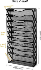 EasyPAG 10 Tier Wall File Holder with Flat Tray, Black | Easy Assemble Mesh Desk File Organizer | 9-Folder Paper Storage | Replaceable Classify Labels | Space Saving Mail Organizer for Office Home