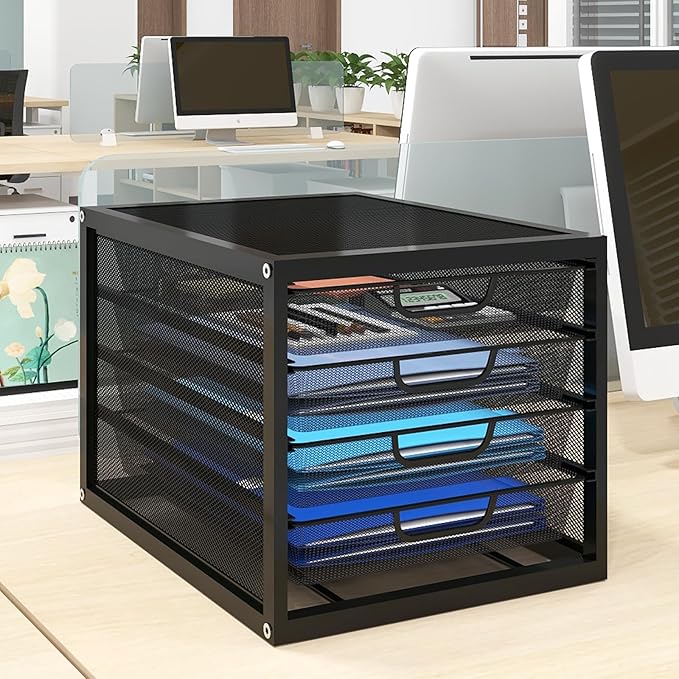 Natwind Mesh Desk Organizer with 4 Tier Sliding Drawers, Office Supplies Desktop Organizers and Accessories Stationery Storage, Paper Sorter, File Binder Organizer for Home Office School,Black
